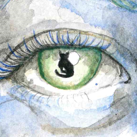 watercolor eye with green iris and pupil in the shape of a black cat silhouette